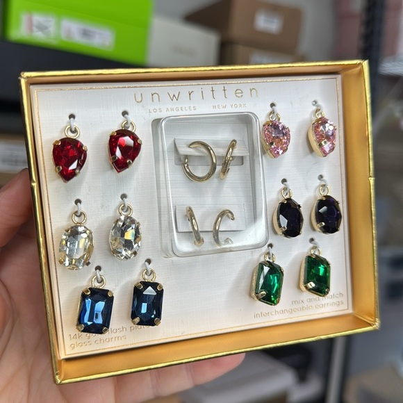 14k Gold Plated Unwritten Red and Pink Crystal Earrings Set - Picture 2 of 5